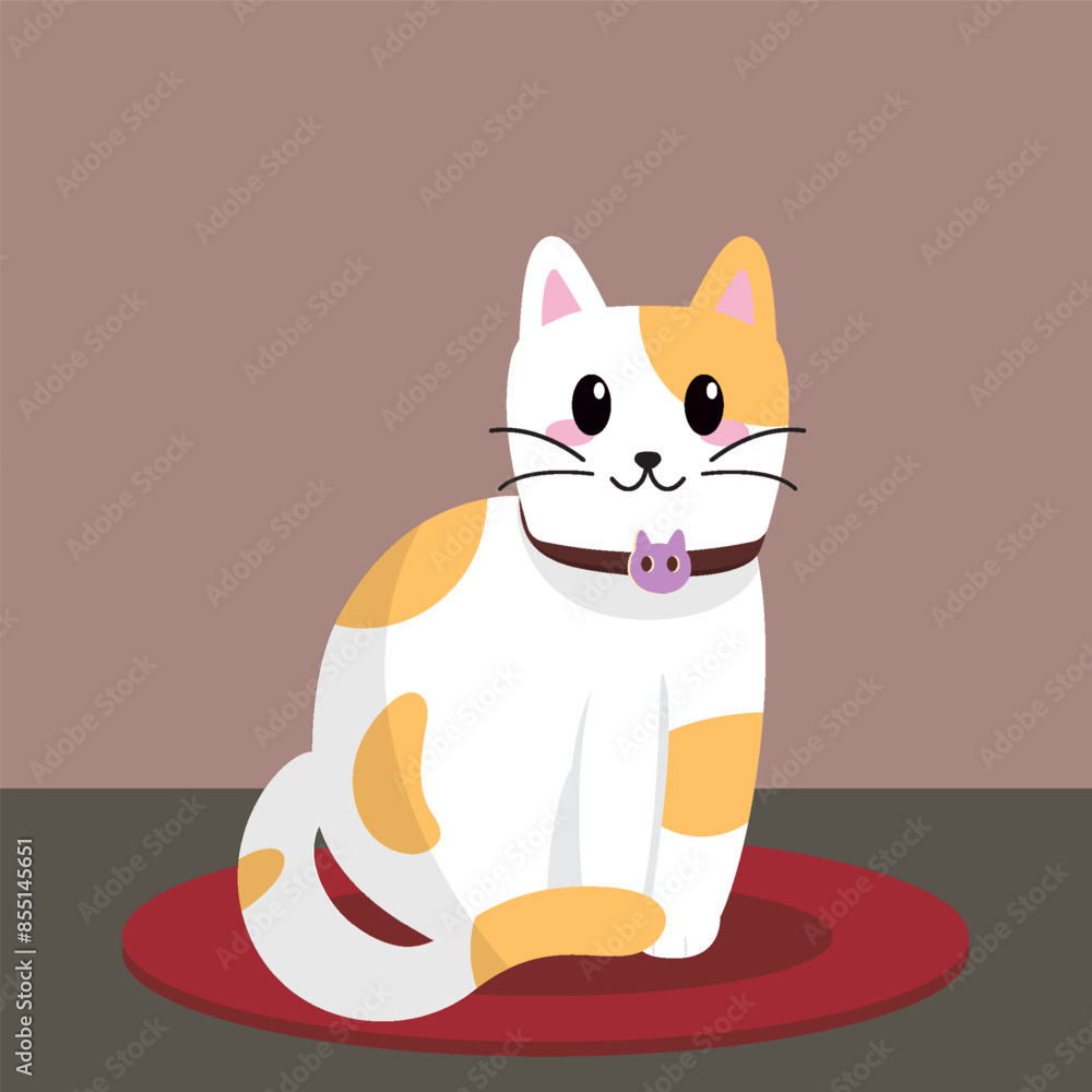 Obraz premium cute cat sitting in the room illustration with a carpet as a mat