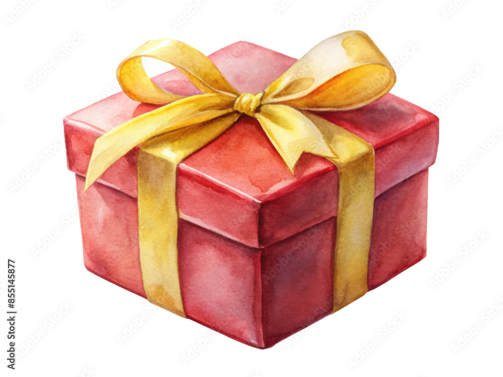Obraz premium Watercolor Red Gift Box With Yellow Ribbon. A beautifully illustrated red gift box adorned with a yellow ribbon bow. Isolated on transparent background, png.