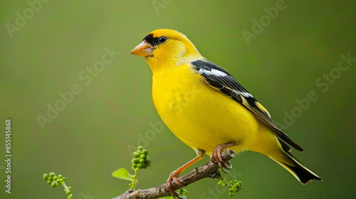 American Goldfinch (Spinus tristis) North American Backyard Bird. It is known for its vibrant yellow summer plumage. Isolated on green nature soft blur background © Banu