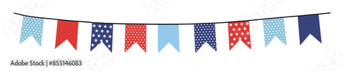 Bunting garland. Party flags with polka dots, stars in USA flag colors isolated on background. Vector illustration, web banner. Memorial, labor day. Independence day, 4th July. Birthday, anniversary