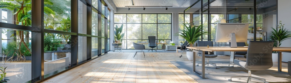 Energyefficient glazing in a contemporary office, reducing energy consumption, front view, highlighting advanced window technology, advanced tone, vivid Energyefficient glazing in a contemporary office, reducing energy consumption, front view, highlighting advanced window technology, advanced tone, vivid