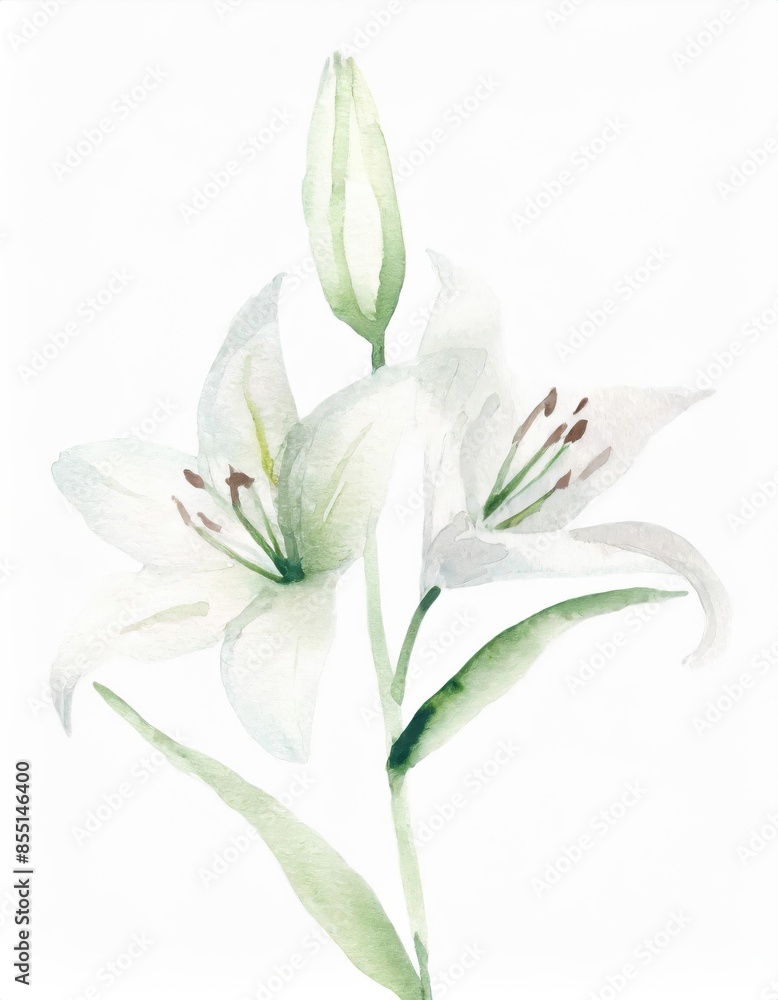 Fototapeta premium Hand drawn watercolor white lily flower isolated on white background