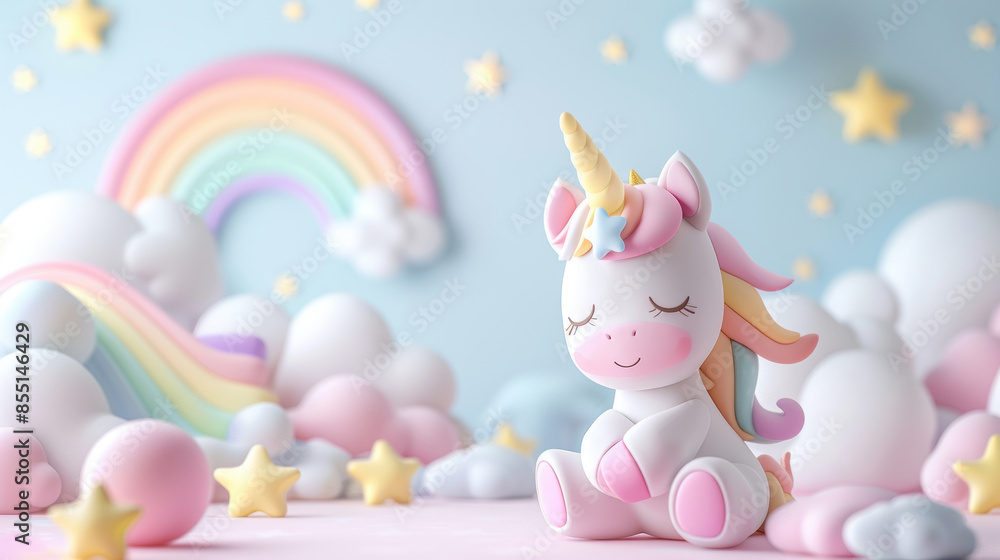 Cute 3d unicorn standing and smiling with rainbow and clouds background Cute 3d unicorn standing and smiling with rainbow and clouds background
