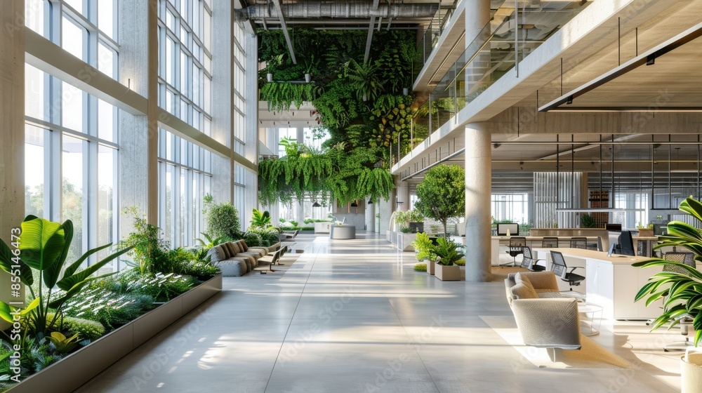 Green atrium in a corporate headquarters, integrating nature and workspaces, side view, emphasizing wellness and sustainability, digital binary as object, colored pastel