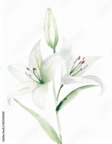 Fototapeta Naklejka Na Ścianę i Meble -  Hand drawn watercolor white lily flower isolated on white background