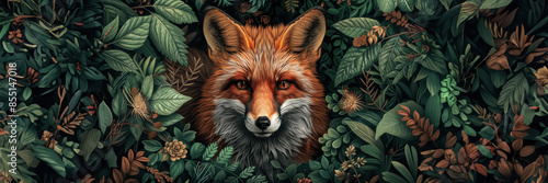 Beautiful red fox emerging from a dark background and surrounded by fall flowers and plants