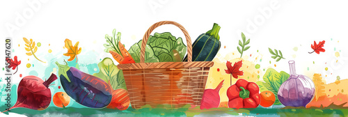 Basket of vegetables with autumn leaves spill banner. Panoramic web header. Wide screen wallpaper