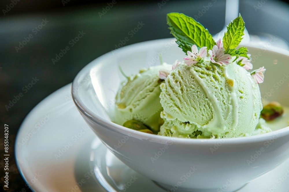 Delicious Pistachio Ice Cream Served with Fresh Mint Leaf Garnish for a Refreshing Dessert Treat Delicious Pistachio Ice Cream Served with Fresh Mint Leaf Garnish for a Refreshing Dessert Treat