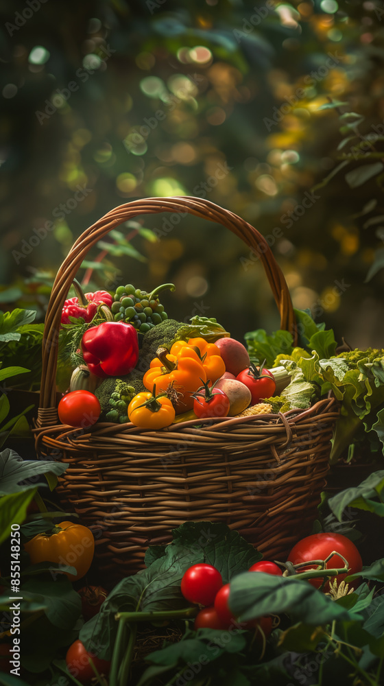 Basket filled with fresh vegetables in garden setting, surrounded by greenery and sunlight Basket filled with fresh vegetables in garden setting, surrounded by greenery and sunlight