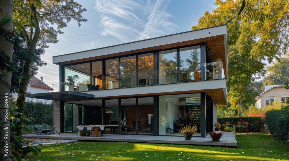 Energyefficient glazing in a modern home, maximizing natural light, side view, showcasing sustainable architecture, futuristic tone, Tetradic color scheme Energyefficient glazing in a modern home, maximizing natural light, side view, showcasing sustainable architecture, futuristic tone, Tetradic color scheme