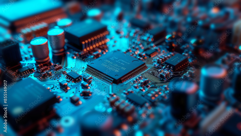 Detailed image of a complex circuit board and chip Detailed image of a complex circuit board and chip