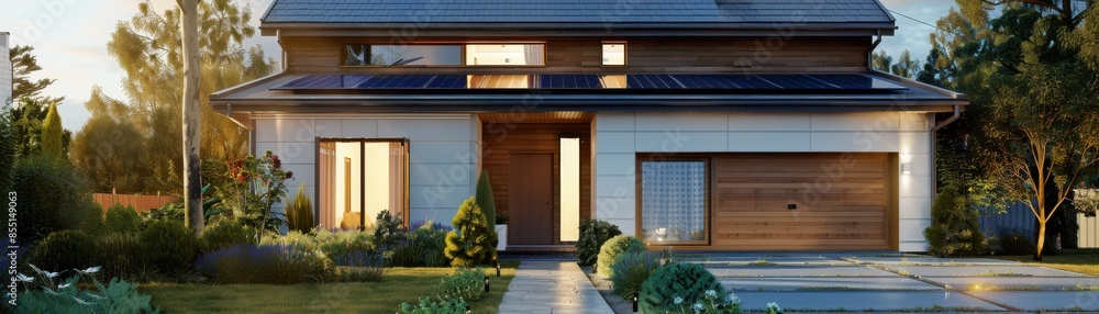 Obraz premium Photovoltaic cells on a suburban house, harnessing solar energy, front view, demonstrating green technology, robotic tone, Analogous Color Scheme