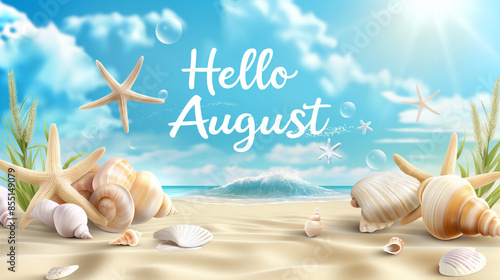 Cheerful background with beach elements on the sides such as seashells and starfish, the text 