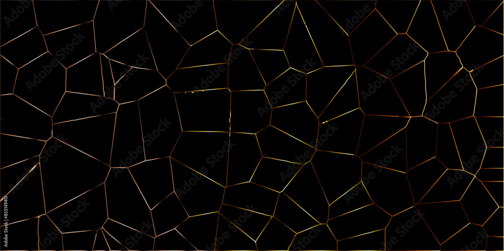 Papercut geometric mosaic tiles pattern background. Black color Broken Stained-Glass Background with golden lines. 3D broken glass quartz Voronoi diagram vector background. Papercut geometric mosaic tiles pattern background. Black color Broken Stained-Glass Background with golden lines. 3D broken glass quartz Voronoi diagram vector background.