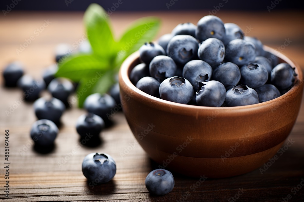Fresh blueberries in a terracotta bowl against a rich wooden background, with green foliage Fresh blueberries in a terracotta bowl against a rich wooden background, with green foliage