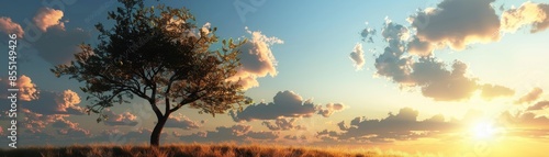 This image showcases a lone tree standing on a grassy hill during a picturesque sunset, with a sky full of colorful clouds.