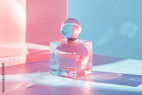 Glass perfume bottle with spherical cap on pastel pink and blue background