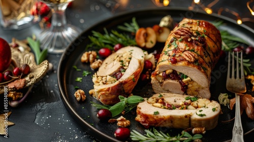 Pork Loin Roll Stuffed with Chicken Breast, Apples, Cranberries, Walnuts and Herbs photo