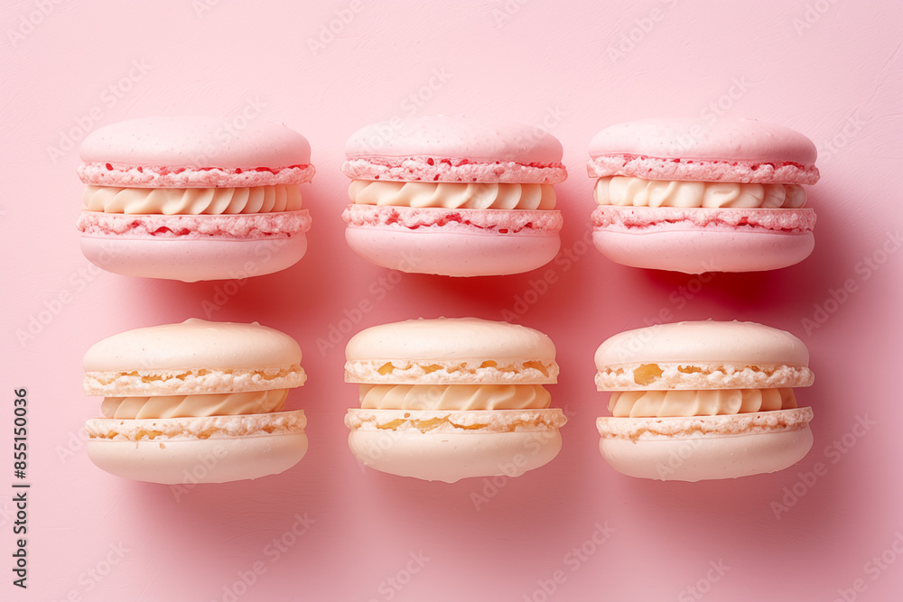 Six pink and white macarons on pink background, sweet dessert Six pink and white macarons on pink background, sweet dessert