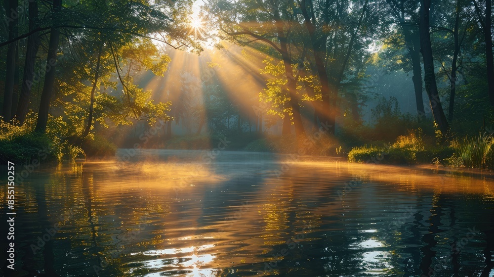 Sun rays reflecting off calm river surface Sun rays reflecting off calm river surface