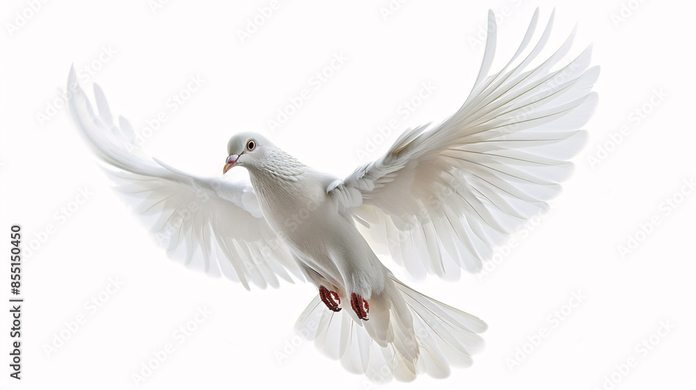 Obraz premium A white dove flies gracefully against a clean white background, symbolizing peace and freedom. It can be used to represent hope, love, and faith.