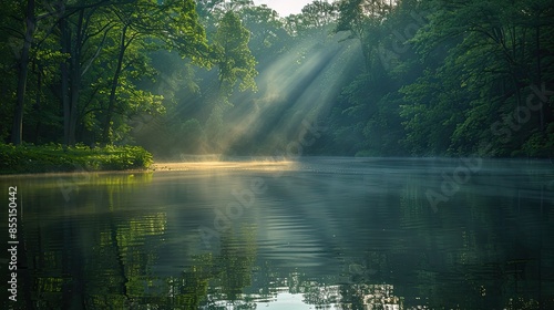 Sun rays reflecting off calm river surface