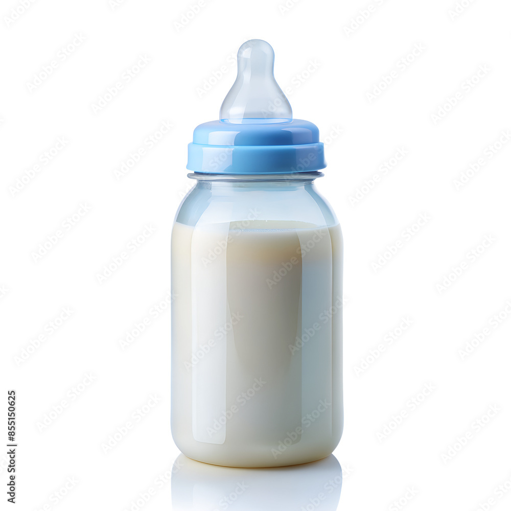 Blue baby milk bottle on isolated PNG background. Blue baby milk bottle on isolated PNG background.