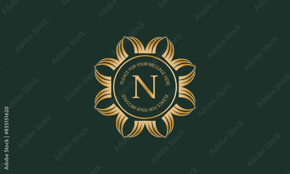 Fototapeta premium Heraldic or decorative luxury logo template with letter N in center and space for text. Good for restaurant, royalty, boutique, hotel, jewelry, fashion, etc.