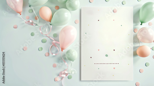 Baby shower invitation with pastel balloons and confetti.