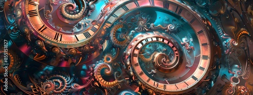 Clocks and vibrant prismatic patterns, evoking the concept of time travel or the complexity of time