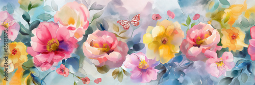 Watercolor painting,Flower Colors of July A bright mix of , pinks, yellows, light blues, pastels and tiny butterflies With light green leaves. © wipawan