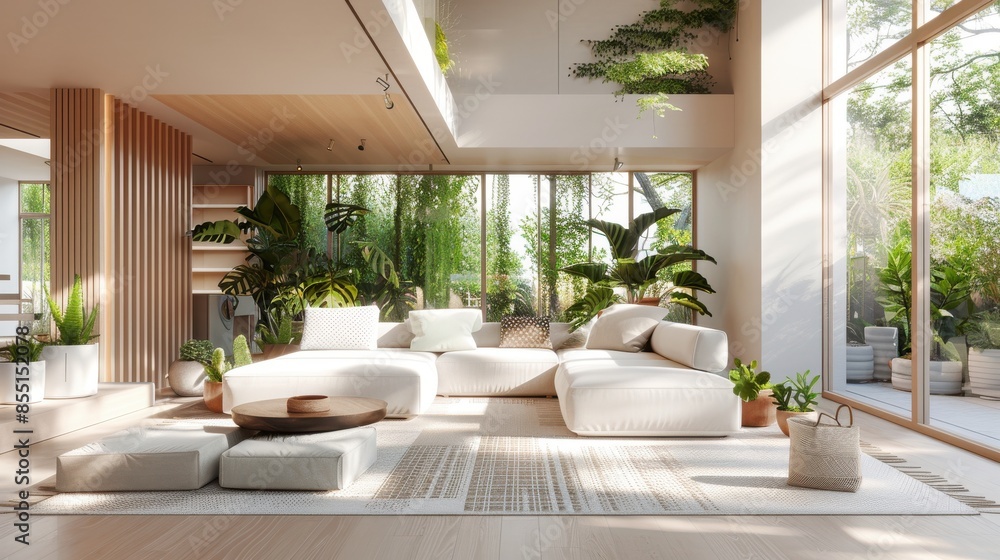 Fototapeta premium Sustainable timber in a chic interior, combining style and sustainability, front view, highlighting ecofriendly decor, digital binary as object, colored pastel