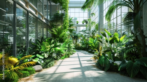 Green atrium in an urban building, lush indoor garden, front view, promoting biophilic design, cybernetic tone, Triadic Color Scheme © kitidach