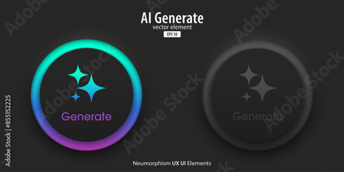 Generative AI buttons. A set of active and inactive black buttons with Generate AI symbols. Artificial intelligence learning technology concept. Neumorphism style, UI UX design, Vector illustration.