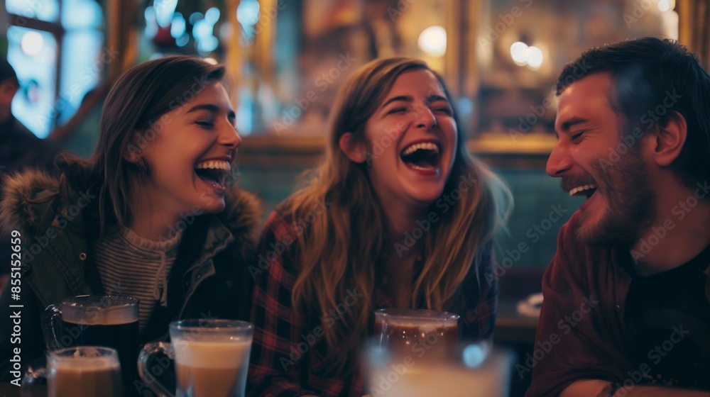 pleasant friends laughing and enjoying coffee at a cafe pleasant friends laughing and enjoying coffee at a cafe