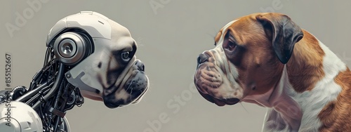 AI robotic bulldog head facing a real bulldog in detailed, hyper realistic style photo