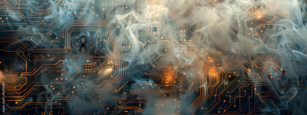 Printed circuit board overheating with smoke and sparks, highlighting