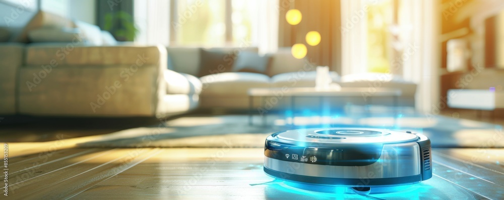 Wireless modern vacuum cleaner robot in a living room, banner. Generative AI. Wireless modern vacuum cleaner robot in a living room, banner. Generative AI.