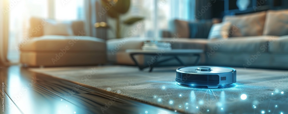 Wireless modern vacuum cleaner robot in a living room, banner. Generative AI. Wireless modern vacuum cleaner robot in a living room, banner. Generative AI.