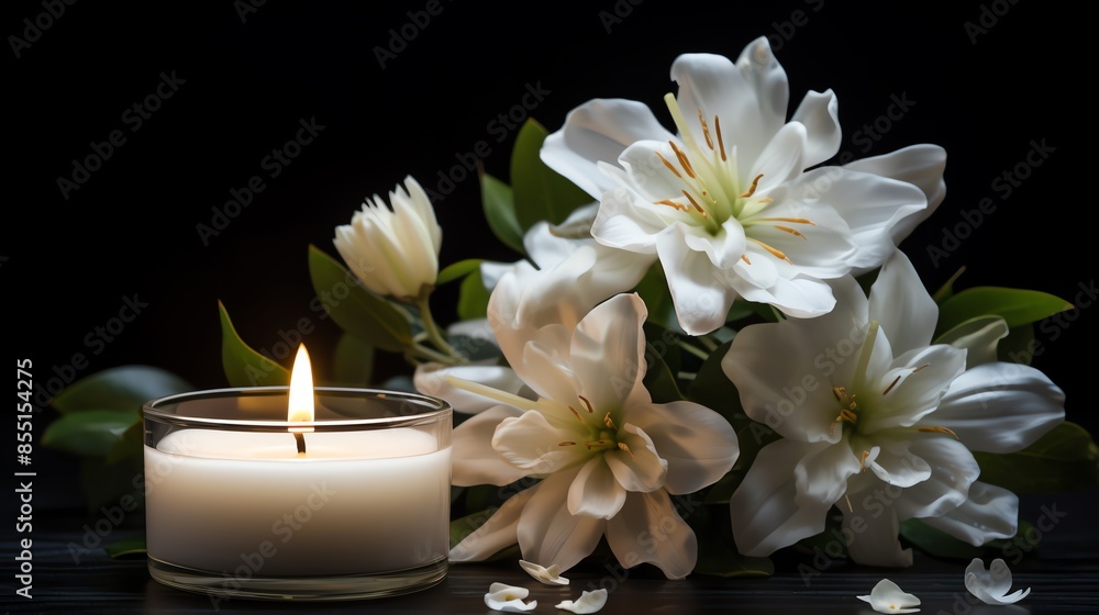 White candle with a burning flame and white flowers on a black background. White candle with a burning flame and white flowers on a black background.