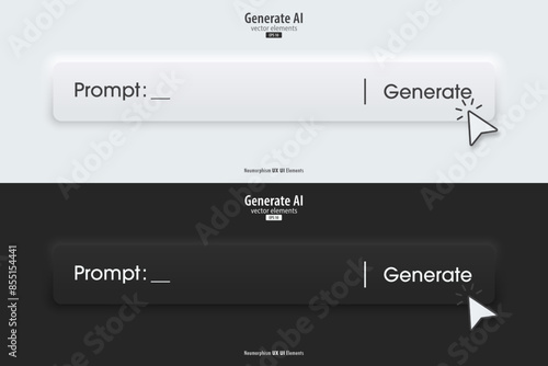 Generative AI bar, black and white color. Artificial intelligence and Machine learning technology concept. AI enters by command prompt to generate ideas. Neumorphism style. Vector illustration.