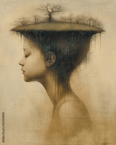 Abstract Neo-Surrealist Art Ethereal Woman's Face Merged with Nature Elements, Featuring Bold Orange Sun and Delicate Grass Strokes , Japanese art for a Contemporary Artistic Statement Wallpaper