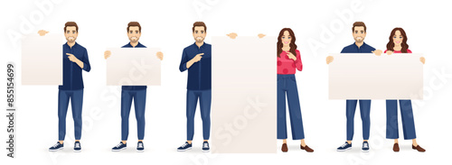 Young handsome man and beautiful woman with curly hair holding pointing to the empty blank board together. Isolated vector illustration collection