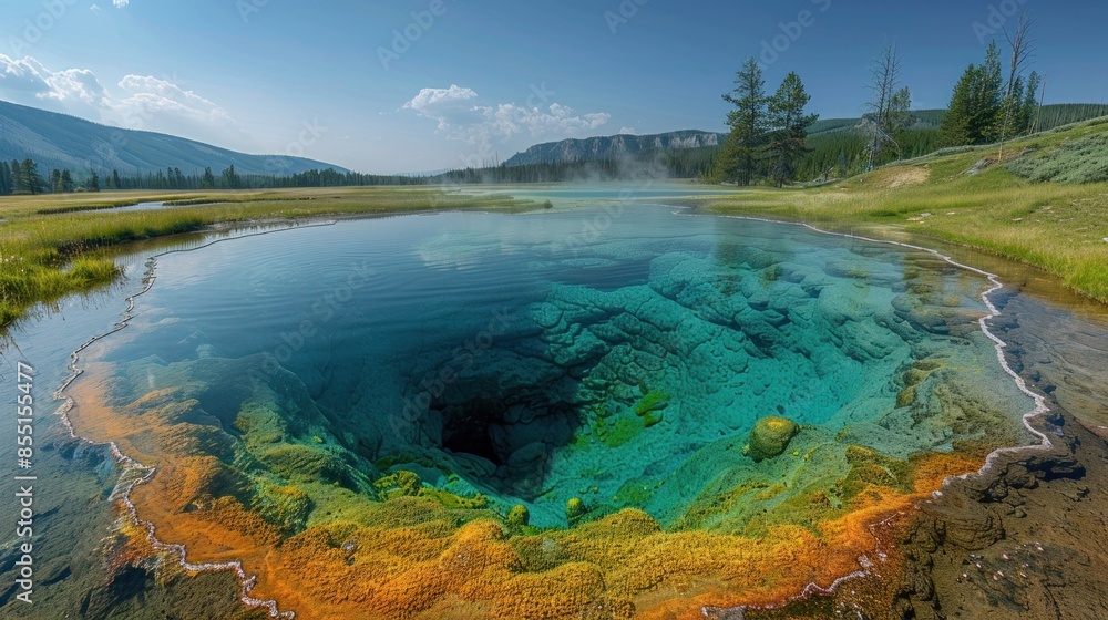 Crystal-Clear Blue Pool with Vivid Algae Formations in a Lush Mountain Valley Crystal-Clear Blue Pool with Vivid Algae Formations in a Lush Mountain Valley