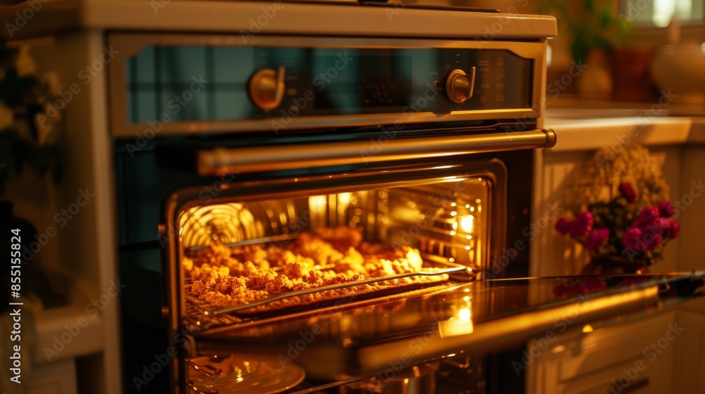 A home baking scene with an open electric oven ventilating hot air A home baking scene with an open electric oven ventilating hot air