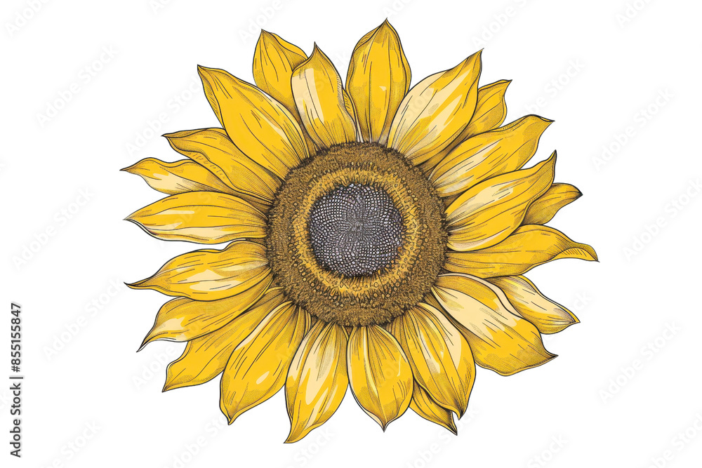 Fototapeta premium Hand-drawn illustration of a vibrant sunflower with detailed yellow petals and a textured center, isolated on a transparent background.