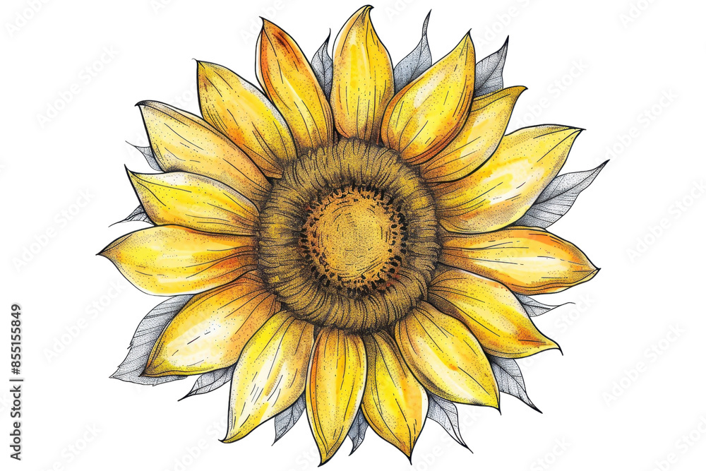 Fototapeta premium Hand-drawn yellow sunflower illustration with intricate details, radiating a cheerful and bright vibe, perfect for art and design projects.