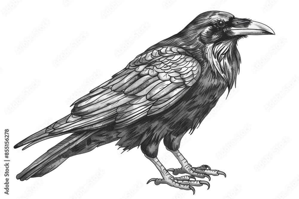Fototapeta premium Detailed black and white illustration of a raven with intricate feather patterns and realistic features on a transparent background.