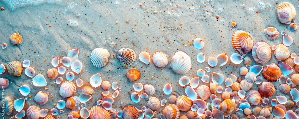 Beach background with a sandy beach dotted with colorful seashells. Beach background with a sandy beach dotted with colorful seashells.