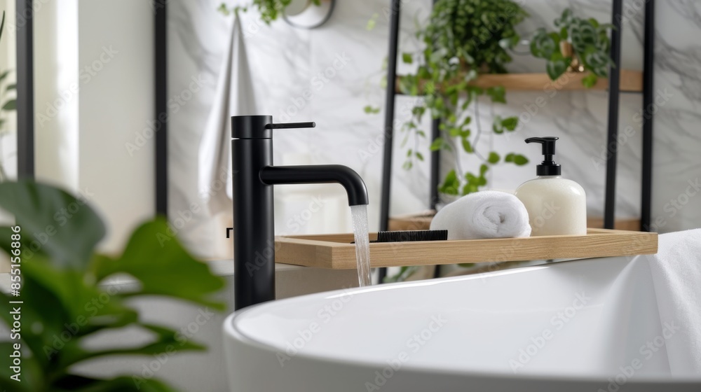 A modern bathroom with a sleek bathtub and a stylish water faucet A modern bathroom with a sleek bathtub and a stylish water faucet